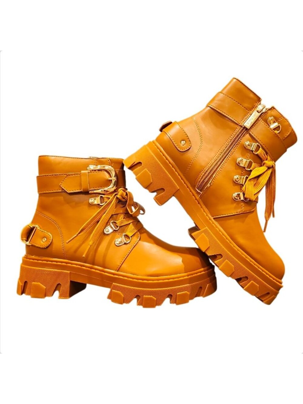 Chunky Tan Combat Boots With Buckles & Zipper Design For Women - Picture 2 of 9